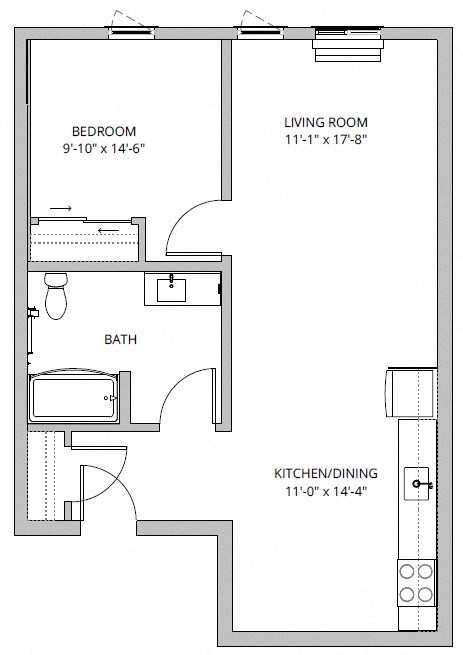 Floor plan for 1 bed, 1 bath, 709 sqft
